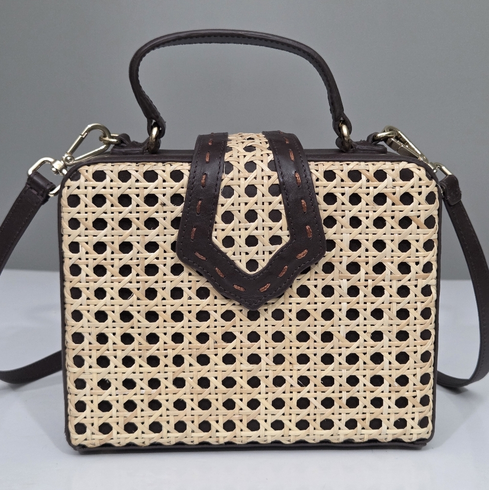 MEHRY MU FEY MINI BOX CROSSBODY BAG WITH LEATHER & RATTAN